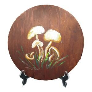 VTG MCM Hand-Painted Wooden Mushroom Wall Hanging Plaque Artist Signed
